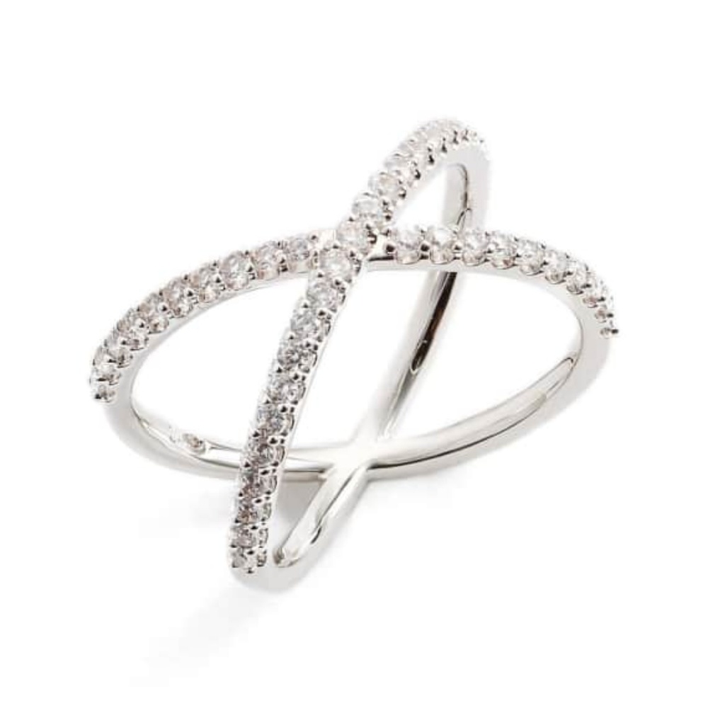 Nadri Silver Crisscross Ring with Clear Pavé Stones